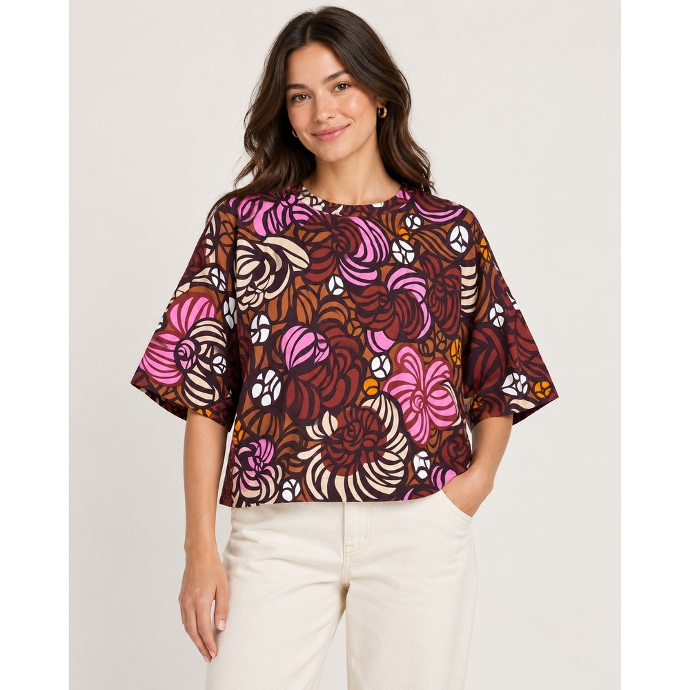 Marimekko Torstai Brown Pink Floral Boxy Top Short Sleeve Blouse Womens Small